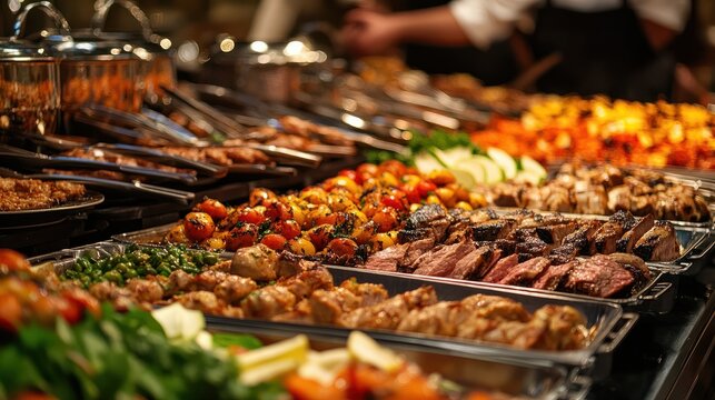 Grilled meat and vegetables, Food on a buffet table at the hotel, Group of people on catering buffet food indoor in restaurant with grilled meat Buffet service
