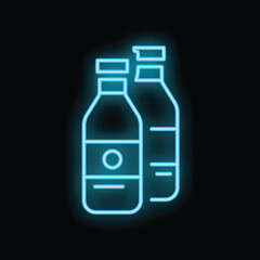 Blue neon icon of two bottles, one with a round label, glowing against a black background