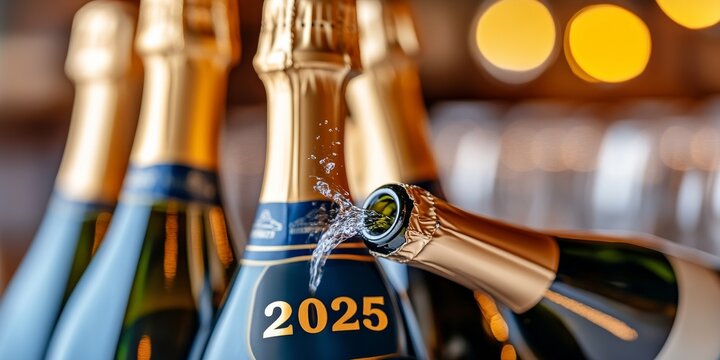 Popping into 2025: Champagne bottles chilled and ready for celebration, one freshly popped with the year "2025" in focus, against a warm, festive bokeh background. 