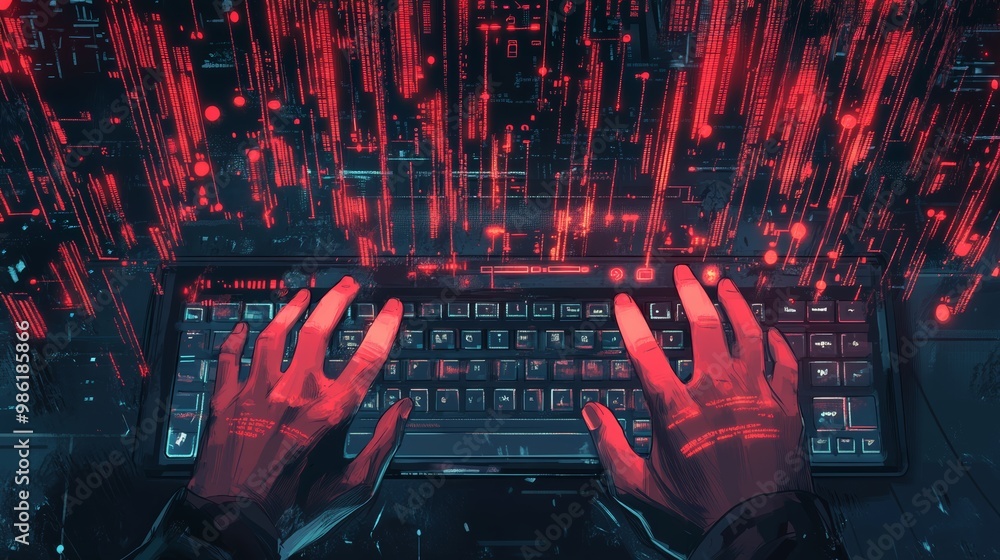 Aufkleber Hands typing on a keyboard with glowing red data streams representing rapid code writing. Evokes a cyberpunk world of coding.
