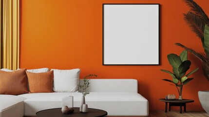 Minimalist living room with a white couch, orange wall, and a framed picture.