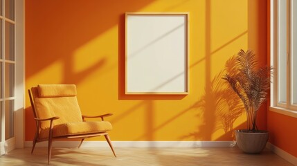 Modern living room with orange wall, armchair, potted plant and a picture frame.