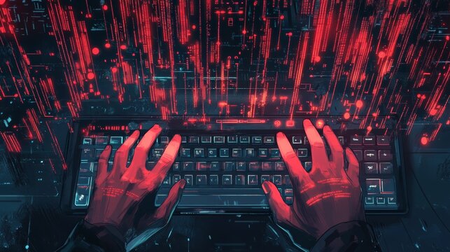 Hands typing on a keyboard with glowing red data streams representing rapid code writing. Evokes a cyberpunk world of coding. - Powered by Adobe