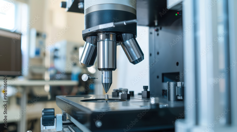 Poster high tech microscope with precision optics and advanced features, showcasing close up view of lens a