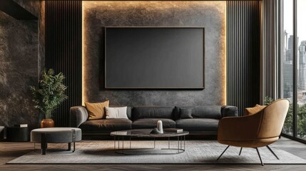 Contemporary living room interior with a large framed canvas, sofa, armchair, and a round coffee table.