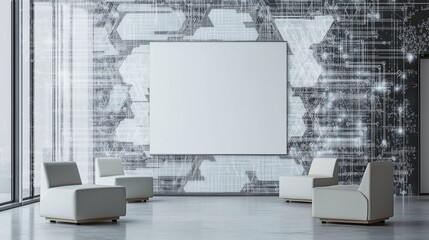 Modern classroom with minimalist furniture in neutral tones, a blank poster on the wall, and complex mathematical algorithms creatively displayed in a geometric pattern on the walls.