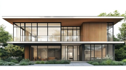 Modern two-story house with a large window and a wooden facade.