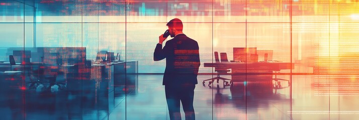 Businessman standing in an empty office speaking on the phone, with digital code overlaying glass walls. Represents solitude in a high-tech corporate setting.