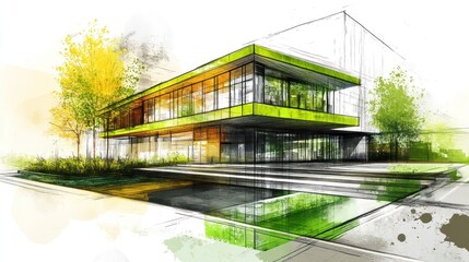 Modern building with green roof and reflection in a pond with trees surrounding the structure, all depicted in an abstract sketch style.