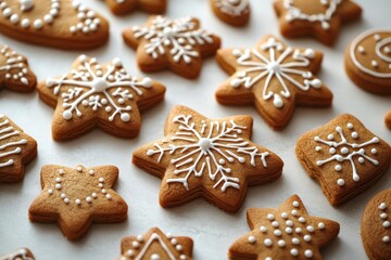 whimsical array of christmas gingerbread cookies festive shapes like stars trees and figures intricate icing details on warm brown cookies white background for clean presentation