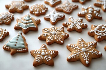 whimsical array of christmas gingerbread cookies festive shapes like stars trees and figures intricate icing details on warm brown cookies white background for clean presentation