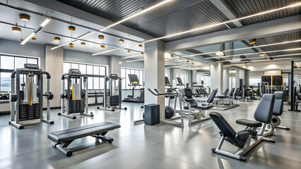 Gym equipment setup with various health machines in a fitness center, fitness, exercise, workout, gym, health