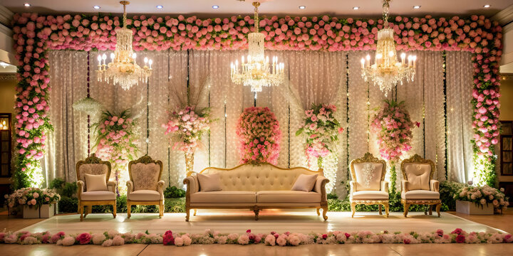 Stunning Walima stage adorned with cascading flowers, shimmering backdrops, and stylish seating