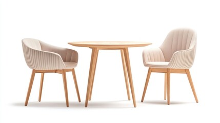 Two beige upholstered chairs with wood frames and a round wooden table on a white background.