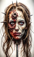 Chilling Halloween Zombie with Ripped Blood Soaked Flesh Impaled on a Spike Graphic Resource for Spooky halloween background posters and halloween parties