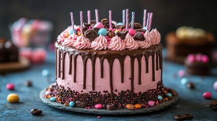 whimsical birthday cake vibrant colors elaborate decorations chocolate drizzle candies and sweets blue background celebratory atmosphere