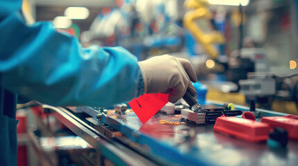 A worker in blue coat inspects components on production line, showcasing precision and attention to detail in busy manufacturing environment