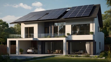 Modern house with solar panels on the roof, highlighting a futuristic design and luxurious villa style, integrating green renewable energy through solar power in its exterior architecture
