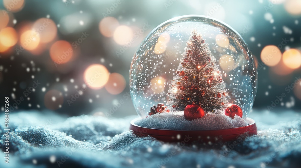 Poster snow globe with christmas tree on snow and bokeh background.