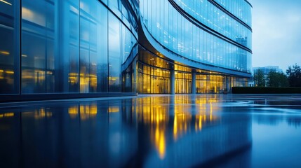 Obraz premium Wet pavement reflecting the lights of a modern glass building at dusk.