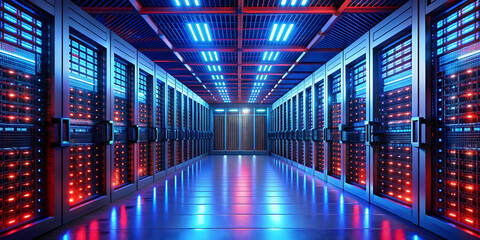 Obraz premium Futuristic server room with rows of server racks illuminated by bright red and blue lights, technology, abstract