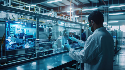 A scientist in lab coat interacts with digital interface, analyzing data in high tech manufacturing facility. atmosphere is focused and innovative, showcasing advanced technology