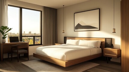 Modern bedroom with a wooden bed, a large window, and a minimalist artwork on the wall.