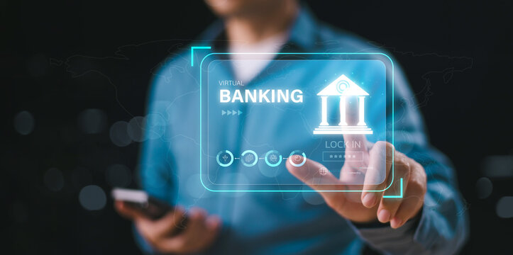 Bank account online technology concept. Virtual banking transformation network. Future digital business, innovative financial data management. Businessman touch a virtual screen of internet banking