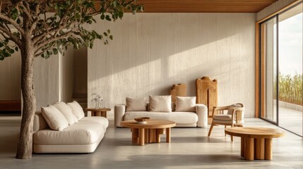 Modern living room with white couch, wooden coffee table, and a tree in the corner, sun shining through the large window.
