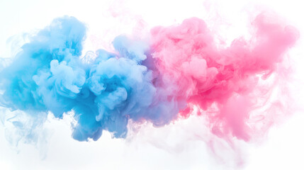 Fototapeta premium Soft blue pink smoke clouds blending in fluid. Dynamic motion against a bright backdrop. Ink swirling together in water. Abstract background