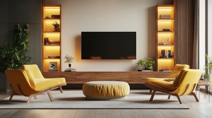 Modern living room interior with two yellow armchairs, a coffee table, a flat screen TV, and built-in shelves with warm lighting.