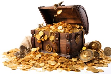 A treasure chest overflowing with gold coins, spilling out onto the seafloor.