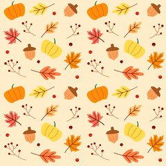 seamless pattern with autumn leaves, foliage, pumpkin and autumn element for printing, wallpaper, background using