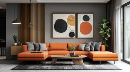 Modern living room with orange sectional sofa, wooden coffee table, abstract paintings, and a plant.