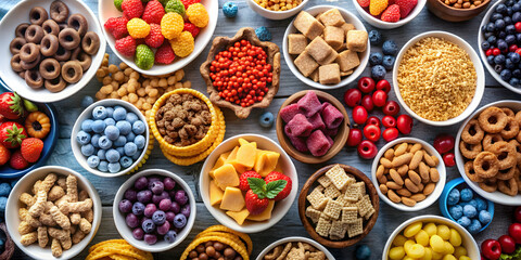 Assortment of cereals, snacks, berries, and candy in small bowls overhead , variety, cereals, snacks, berries, candy