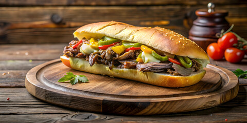 Italian beef sandwich served on a rustic wooden board for lunch, Italian, beef, sandwich, wooden board, lunch, delicious