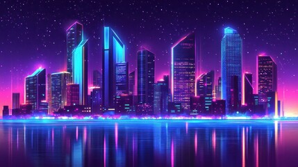Neon cityscape with colorful lights reflecting on the water under a starry night.