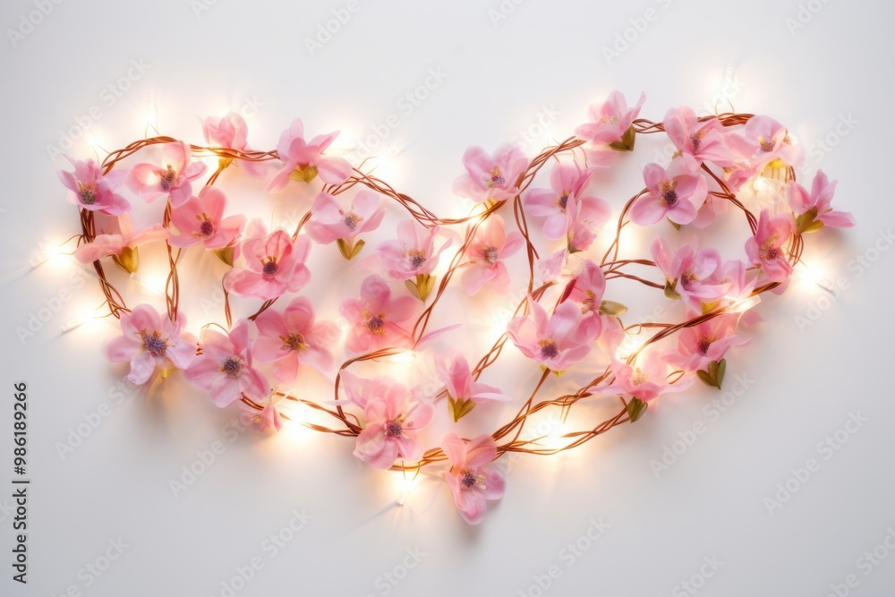 Poster a whimsical display of heart-shaped string lights intertwined with delicate vines and blooming flowe