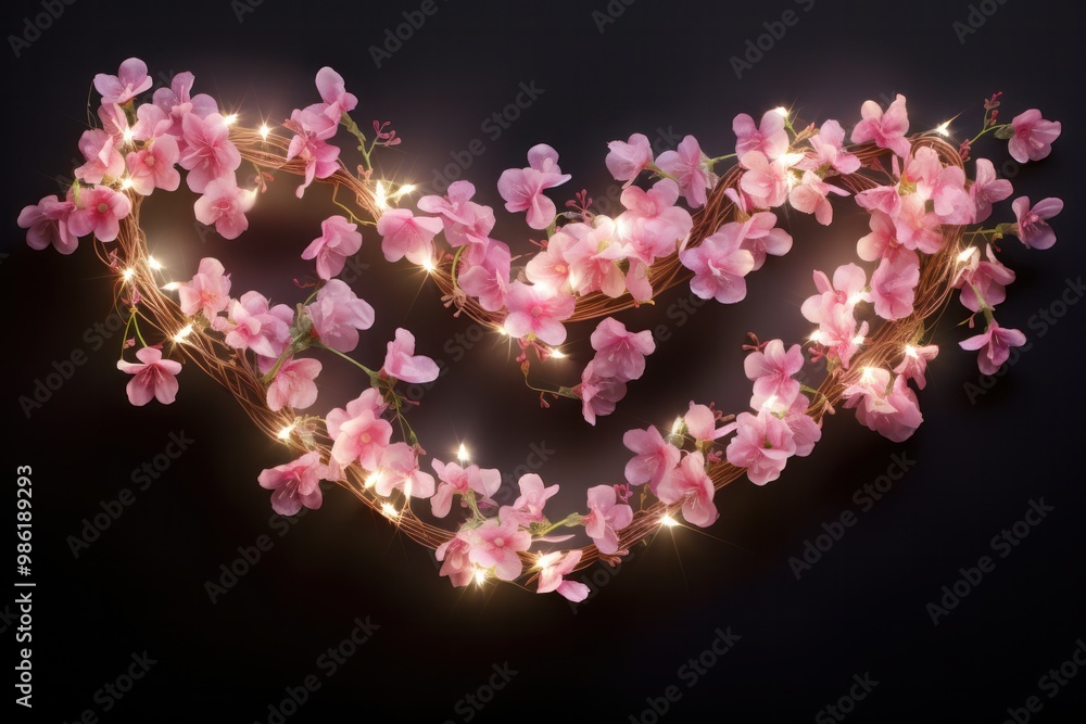 Poster a whimsical display of heart-shaped string lights intertwined with delicate vines and blooming flowe