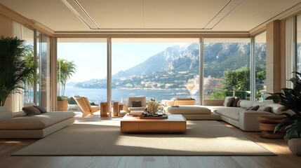 Obraz premium A luxurious beige modern penthouse in Monaco bathed in daylight shows panoramic views of the mountains and coastline, creating an elegant and serene living environment