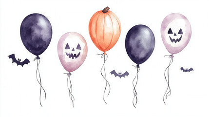 A festive Halloween balloon arrangement in shades of orange, purple, and black, with ghost and pumpkin designs, done in light watercolor