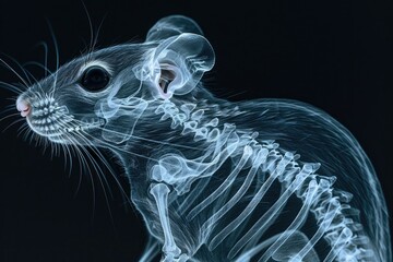 Detailed X-ray image of a rat. Image of rodent bones, spine, ribs, skeletal structure. Concept of medicine, diagnostics, veterinary clinic. Scientific illustration.