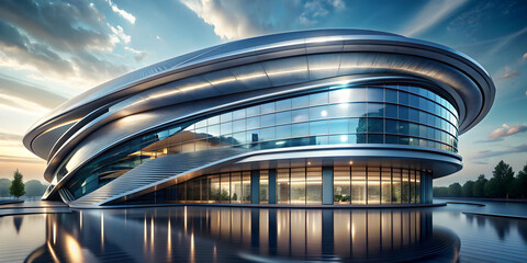 Futuristic building with sleek metallic design and advanced technology features, futuristic, building, architecture