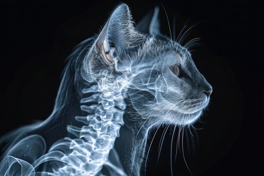X-ray of a cat in side profile, showing detailed skeletal structure and anatomy. Ideal for veterinary, educational, or scientific content related to feline biology and animal health