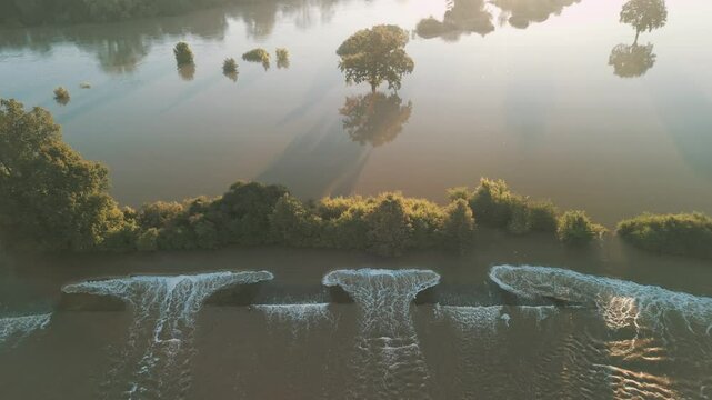 Water pouring over flood embankments during the flood in Wroclaw, Poland in September 2024