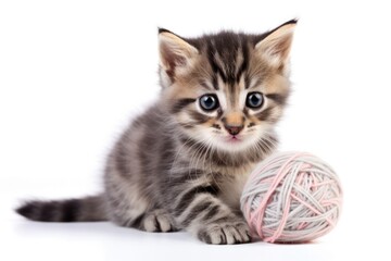 Obraz premium An adorable tabby kitten with wide, curious eyes and a fluffy tail, playfully batting at a ball of yarn