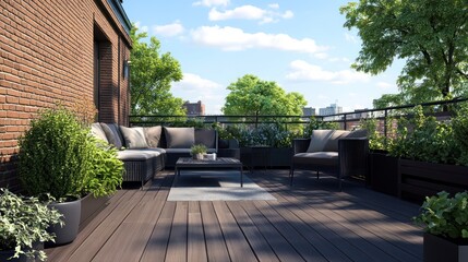 Modern patio with wooden deck, wicker furniture, and potted plants.