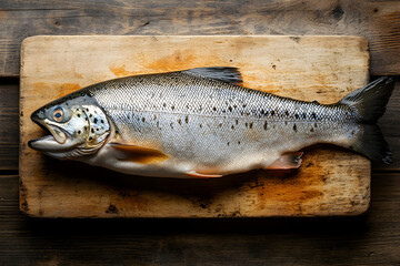 Whole Salmon on Board, Top View, Fresh Seafood and Culinary Art