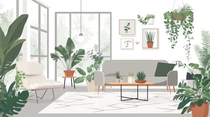 Modern living room with grey sofa, potted plants, and a light wood coffee table.
