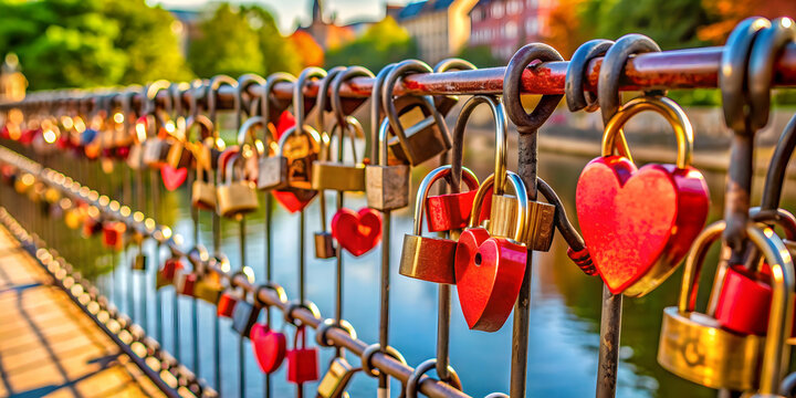 Fototapeta Love lock bridge with heart-shaped padlocks inscribed with couples' names , romance, love locks, bridge, padlocks